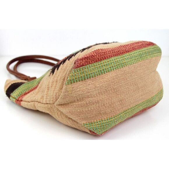 CROSSTREE LANE MULTICOLOR COTTON BROWN LEATHER HANDLES ZIP SHOULDER BAG HANDBAG - Picture 7 of 15